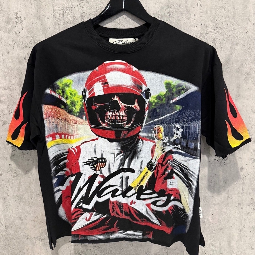 Bkys Mens Skull Racing Graphic T-Shirt Black Short Sleeve Raw Hem Size Medium